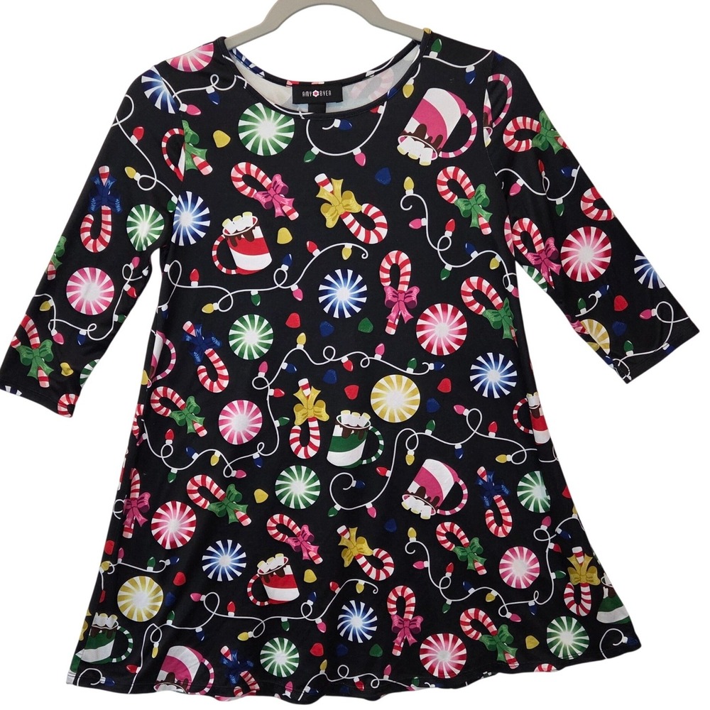 Amy Byer Girls Christmas Dress Black Candy Cane Peppermint Cocoa Print Size L